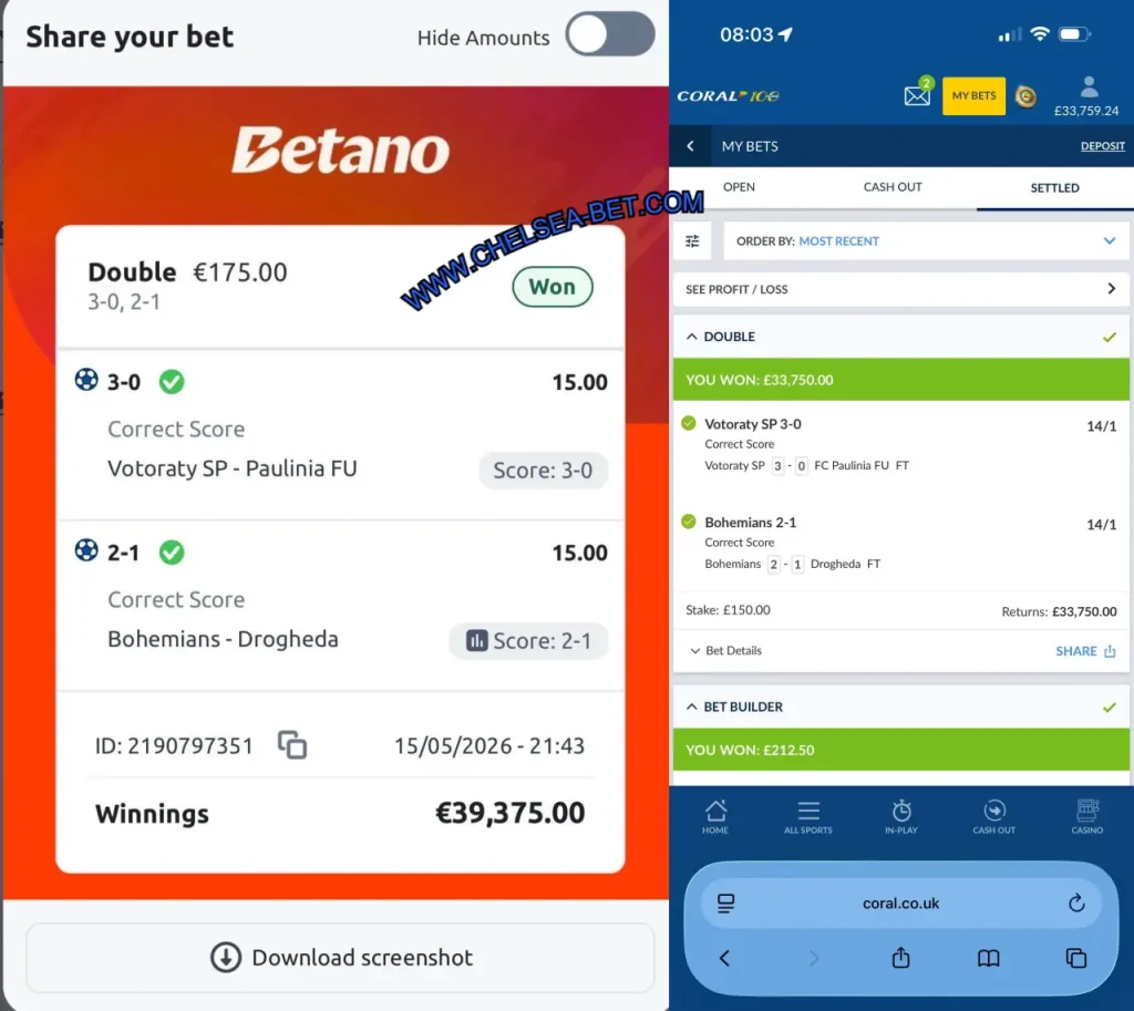 CORAL CORRECT SCORE FIXED MATCHES