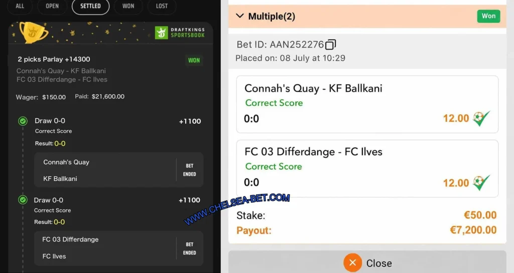 DRAFTKINGS SPORTS CORRECT SCORE MATCHES