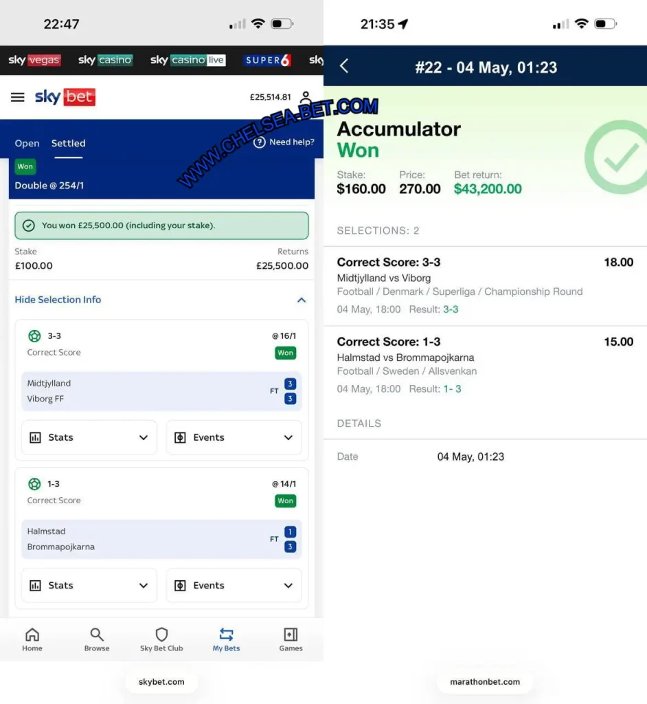 SKYBET CORRECT SCORE BETTING ODDS